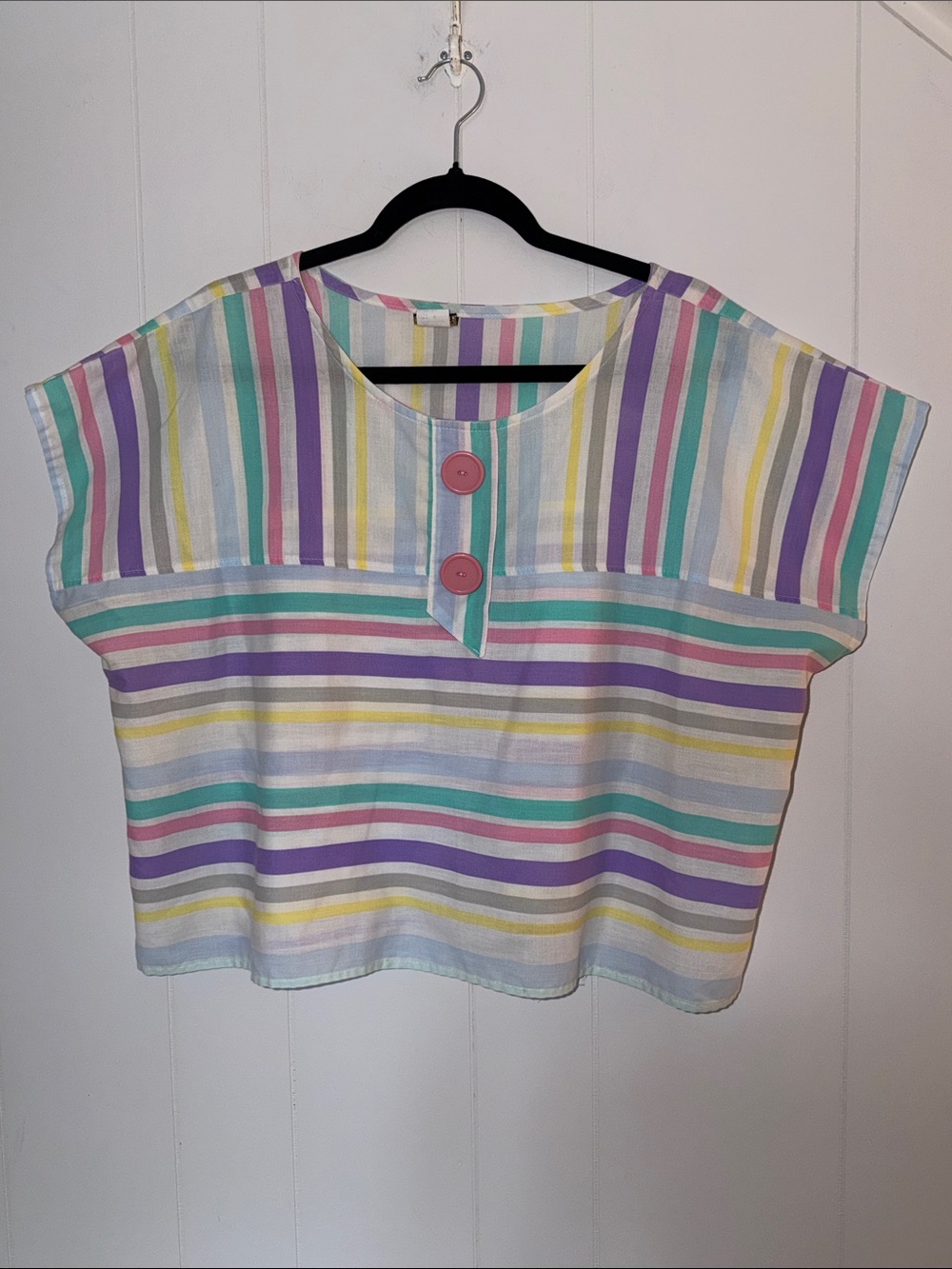 Vintage! Sun N Fun Striped Pastel Button-Front Women’s Cropped Top Size L/XL